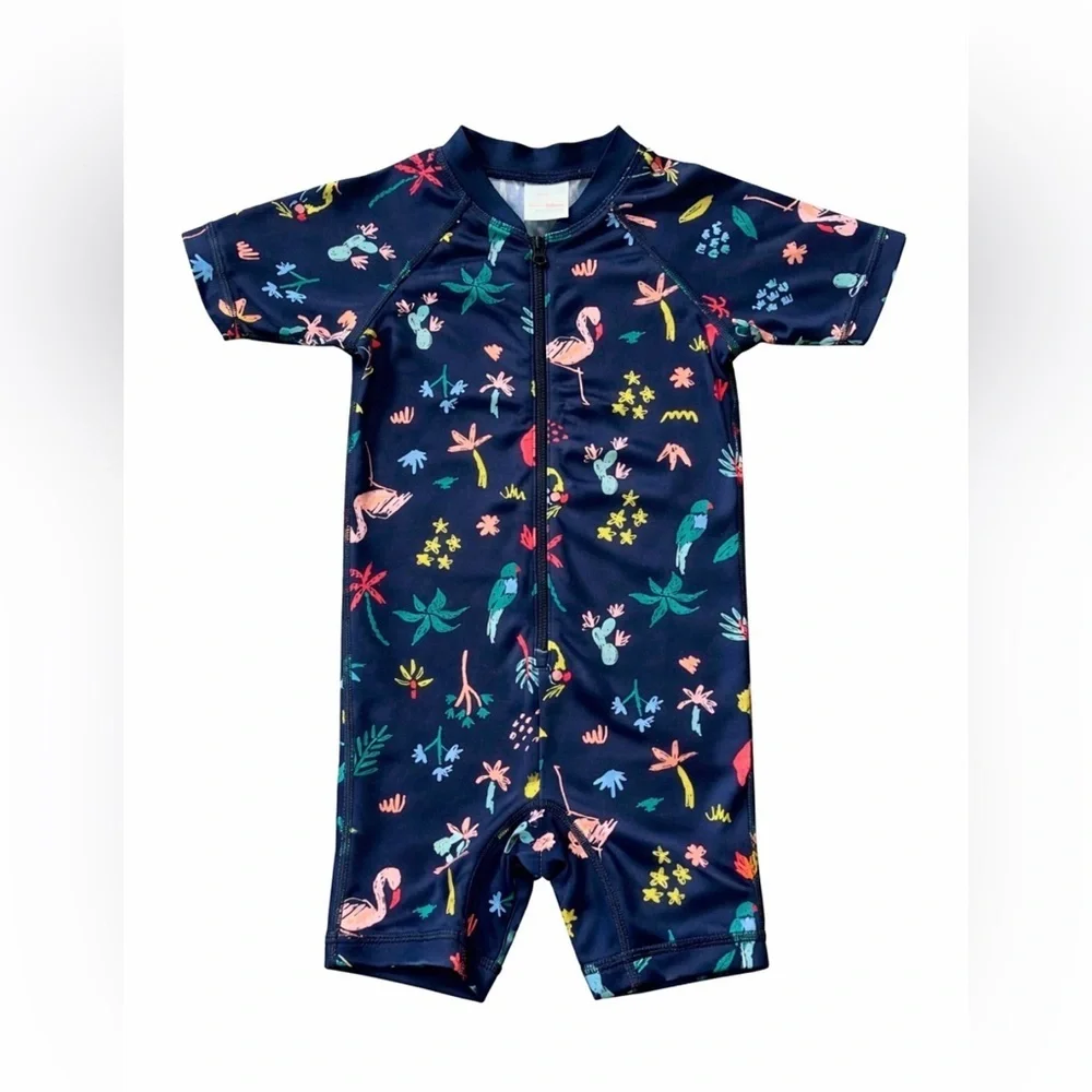 Hanna Andersson one-piece rashguard swimsuit tropical print flamingos parrots